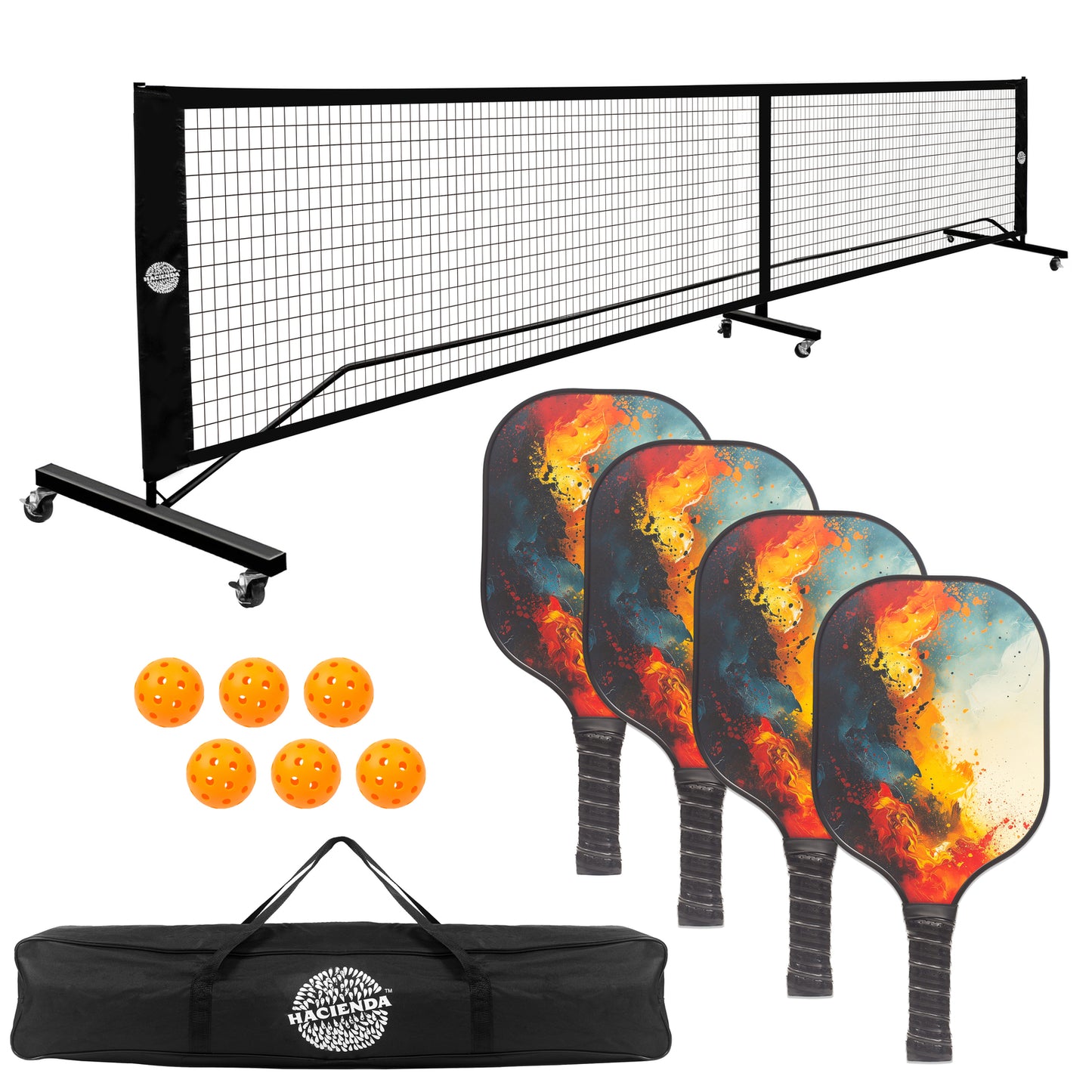 Complete Pickleball Set: 4 Fiberglass Paddles, Net, Balls & Bag
